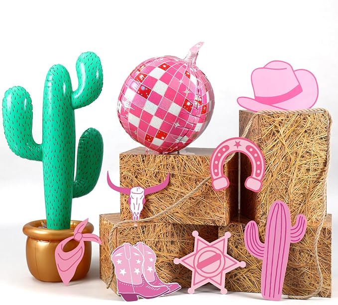 JellyArch 14 Pcs Western Party Hay Bales Cactus Set,Cowgirl,Pink - skull inflatable