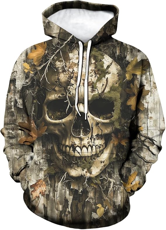 Skull Camouflage Hoodie for Men 3D Printed Hunting Camo Streetwear Pullover Sweatshirt with Hood - skull hoodie