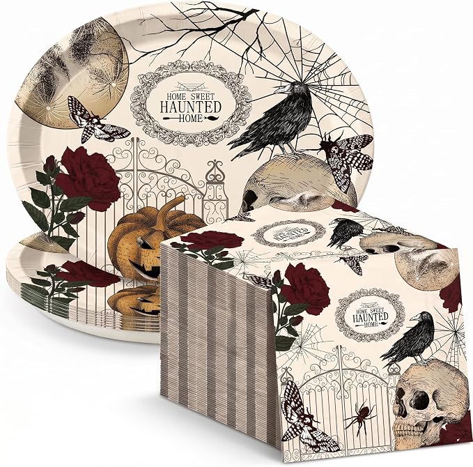 Dereinwo 50 Pcs Halloween Paper Plates and Napkins Set - skull plate