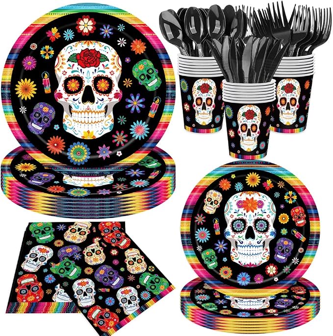 140Pcs, Day of the Dead Party Decorations Tableware Set Mexican Stripe Side Plate and Napkins Halloween Party Supplies Suger Skull Paper Plates Día de los Muertos Decorations, Serve for 20 - skull plate