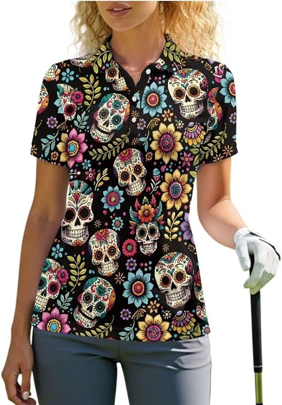 Golf Shirt for Women Short Sleeve Athletic Collared Tennis Shirt Quick Dry Golf Tops Outfits Work Casual T-Shirt - skull tshirt
