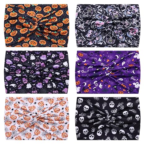 HAUHC 6 Pack Halloween Headbands for Women Hair Bands Skull Headbands Pumpkin Bat Wide Holiday Hair Bands, Holiday Gift Hair Accessories