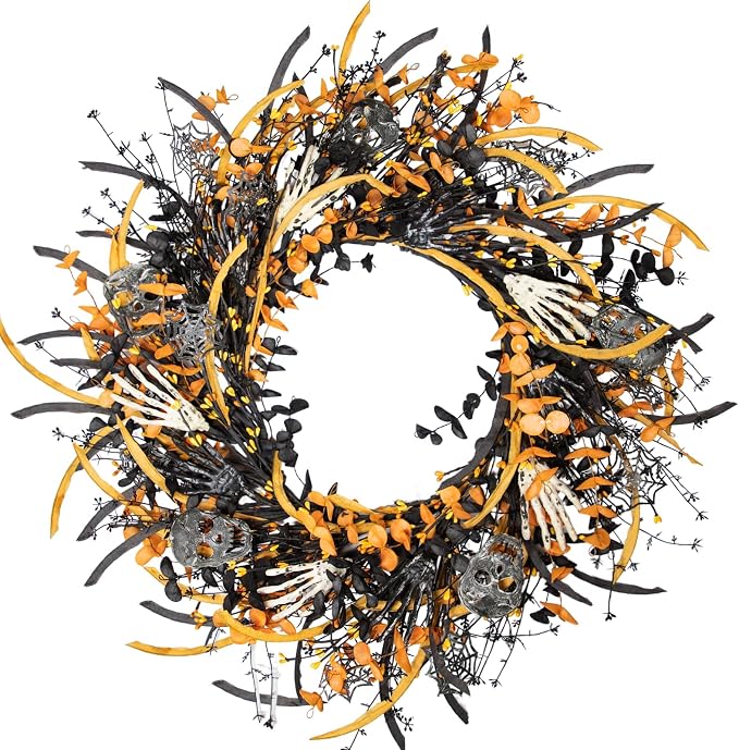 26 Inch Halloween Wreath -Orange & Black Decor with Skulls, Spiders, Berries – Indoor/Outdoor Holiday Decor for Front Door, Wall, Fireplace, Party