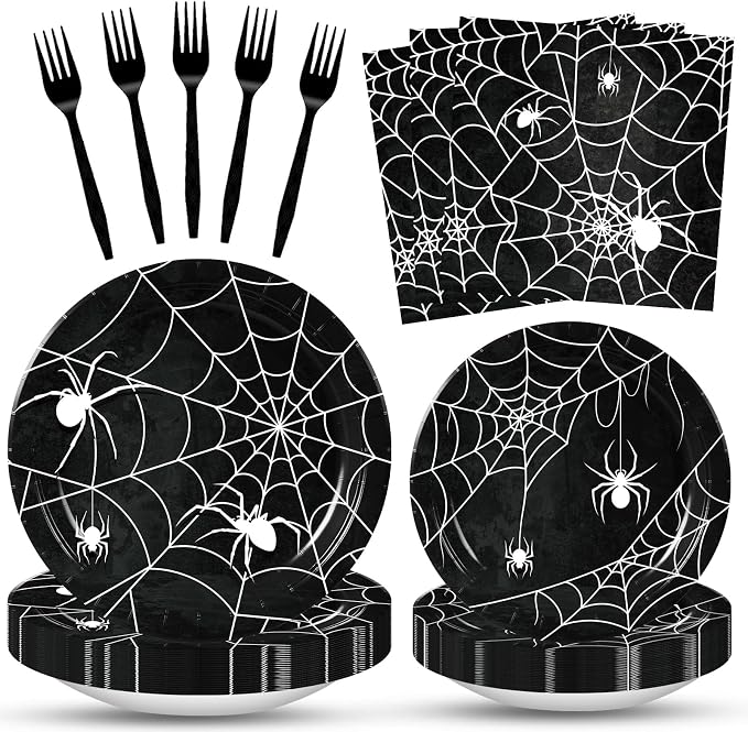 100 Pcs Halloween Spider Web Plates Napkins Tableware Party Supplies Decor - skull plate