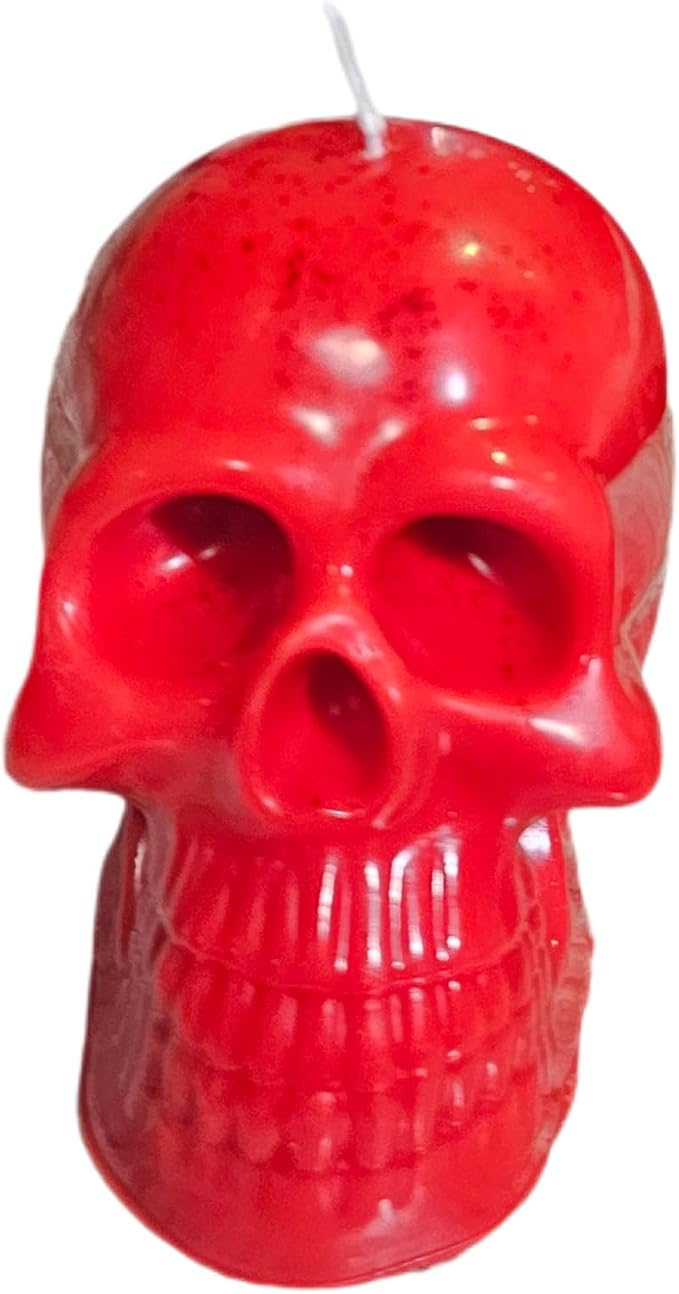 Human Skull Candle - Gothic Soy Wax Unscented 10oz Pillar | Skeleton Head Figurine for Spooky Room Aesthetic, Heavy Metal Decor, Halloween | 7hr Burn - Red 1ct - skull candle