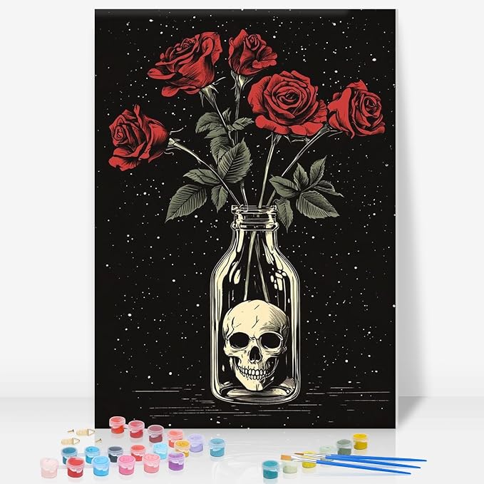 Framed Paint by Numbers Kit for Adults, Skull & Red Roses, 8x12 Inch - skull painting