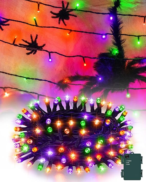 Halloween String Lights Battery Operated, Orange Purple and Green Fairy Lights with Timer Waterproof 9.8ft 30 LED Halloween Decorations for Outdoor Indoor Patio Party Garden Yard Decor - string light