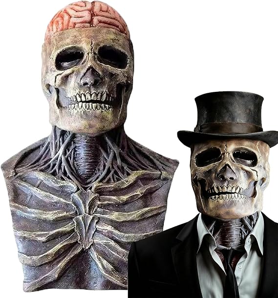 Halloween Skull Mask Scary Full Head Skeleton Masks with Movable Jaw，Creepy Biochemical Bare Brain Mask for Halloween Costume Party(without Hat) - sugar skull costume