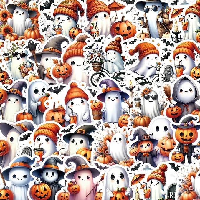 Halloween Stickers for Adults – Premium No-Residue Vinyl Decals with Elegant Ghost, Witch & Pumpkin Illustrations – Waterproof Aesthetic Stickers for Journaling,Home Decor, Party Favors & Crafting - skull sticker