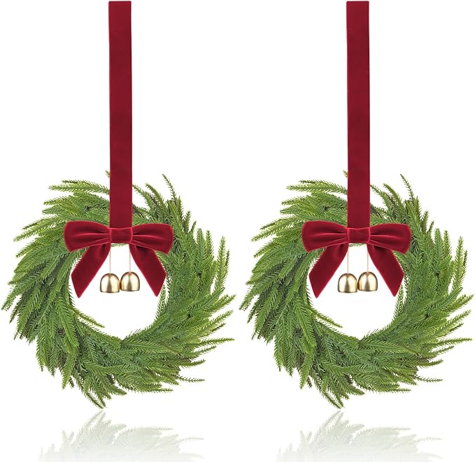 Edussy 2 pcs 12 inch Small Christmas Wreath, Mini Wreaths for Cabinets with Red Bows and Bells,Artificial Small Window Wreaths Indoor for Christmas Kitchen,Stairs Railing and Chairs Decor - skull wreath