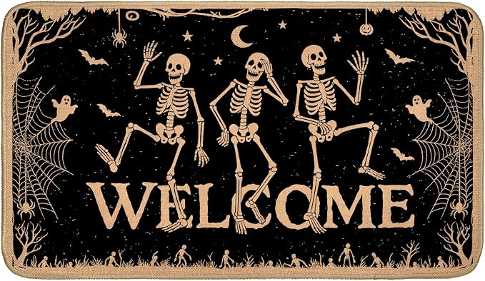 Dancing Skeleton Outdoor Door Mat, Halloween Linen Welcome Rug 17x29.5 Inch, Funny Skull Entryway Doormat, Goth Spooky Indoor Decor Mats for Porch Patio Yard Doormats Horror Gifts - skull door mat