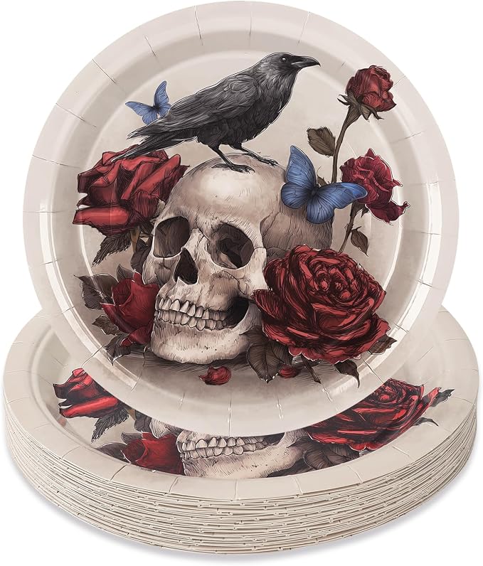 JarThenaAMCS 50 Pcs Halloween Vintage Paper Plates Retro Skull Rose Crow Gothic Disposable Plates 9 Inch Party Tableware for Trick or Treat Holiday Table Decor Supplies - skull plate