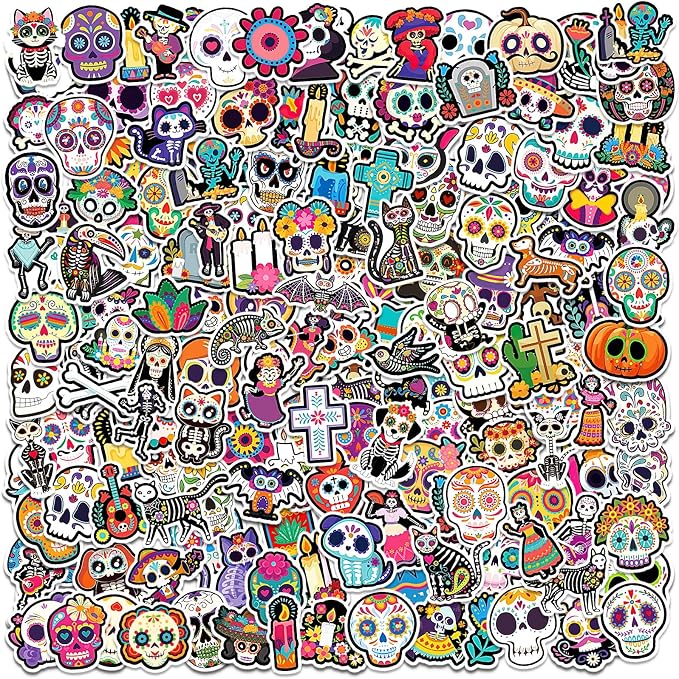 JULBEAR 200 Pcs Day of the Dead Skull Stickers, Waterproof Vinyl Decals - sugar skull ornament