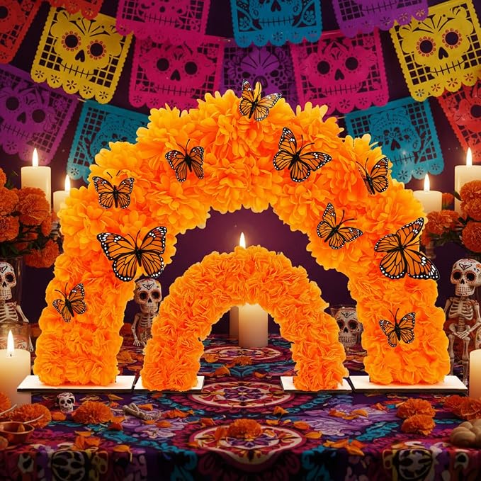 2 Set Day of The Dead Dia De Los Muertos Altar, Marigold Arch, Deep Orange - skull carpet