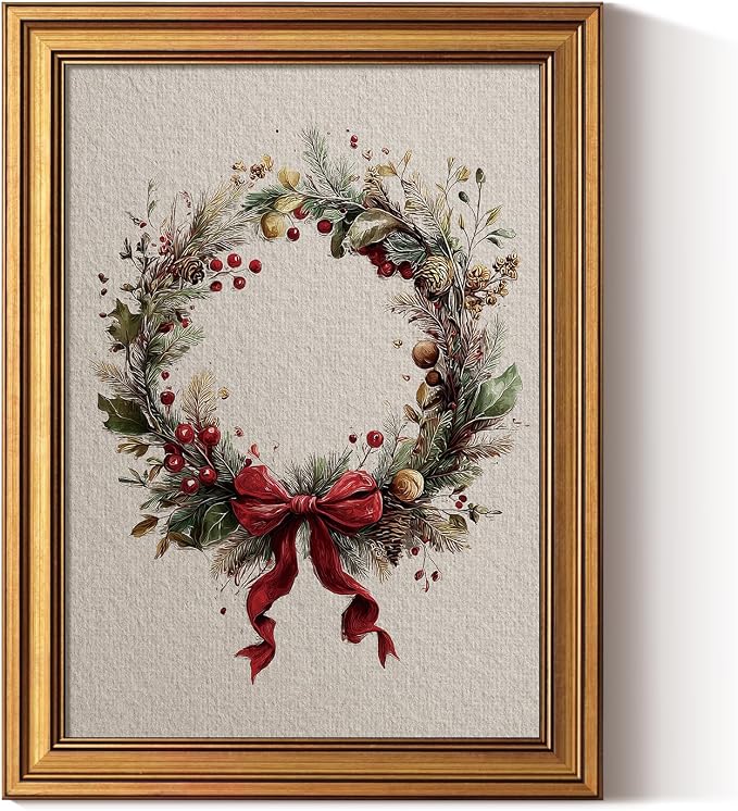 ARPEOTCY Christmas Wreath Wall Art, Vintage Gold Framed Canvas, 12x16 Inch - skull wall art