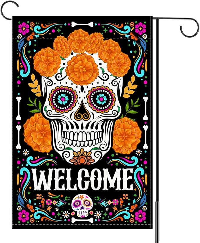 Day of The Dead Garden Flag, Dia De Los Muertos House Flag for Outdoor Patio Yard Skull Mexican Floral Welcome Sign Halloween Decor 12″x18″ Vertical Double Sided