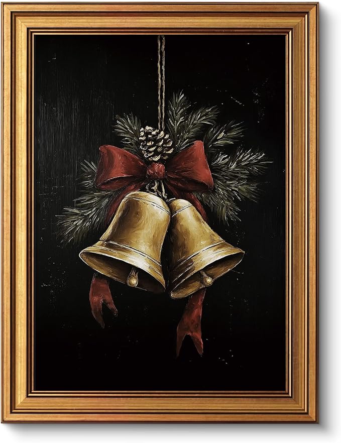 VIYYIEA Gold Framed Canvas Art, Vintage Christmas Bells Decor, 12x16Inch, Winter Retro Jingle Bells Picture Painting Gifts, xmas Decorations for Bedroom Living Room Shelf Fireplace entryway - skull painting