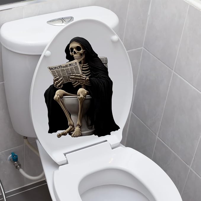 Funny Skull Toilet Seat Lid Sticker Waterproof Skeleton Reading Newspapers Toilet Seat Cover Decal Self-Adhesive Skull Sticker for Bathroom Decoration (Black)