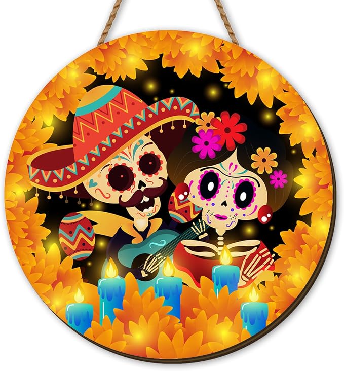 Day of the Dead Wreath 12×12 Inch Dia de los Muertos Home Party Decor - skull wreath