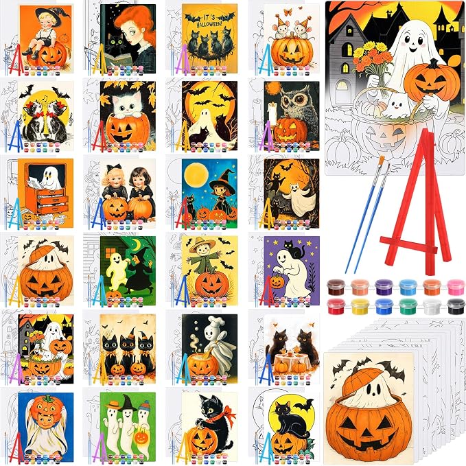 Blosssound 24 Set Halloween Pre Drawn Canvas 5×7” with Easel