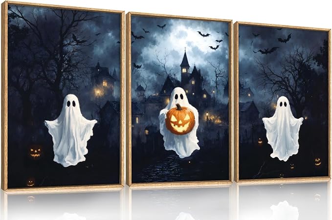 Aryroi Large Spooky Halloween Framed Canvas Wall Art Set, Funny Ghost and Pumpkin Wall Decor,Eerie Night Castle Scene Artwork,Dark Bat and Full Moon Art Print for Living Room,Bedroom,Office- 24″x36″x3