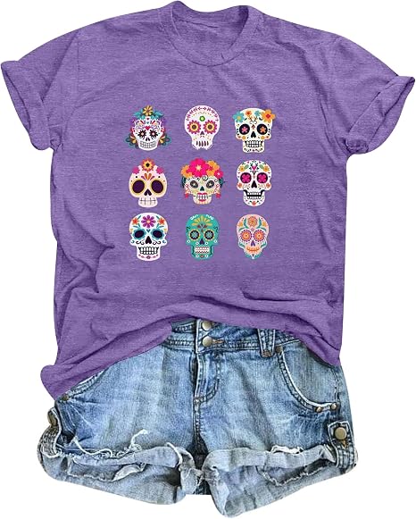 Day of The Dead Shirt for Women Skull Flower Garphic Tees Dia De Los Muertos Tee Casual Short Sleeve Tops - skull tshirt