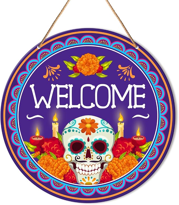 Day of The Dead Welcome Sign Decor, Mexican Sugar Skull Round Hanging Sign Dia De Los Muertos Decorations for Home, Front Door, Patio, Porch - skull wreath