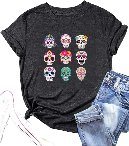 Day of The Dead Shirt for Women Skull Flower Garphic Tees Dia De Los Muertos Tee Casual Short Sleeve Tops - sugar skull boots