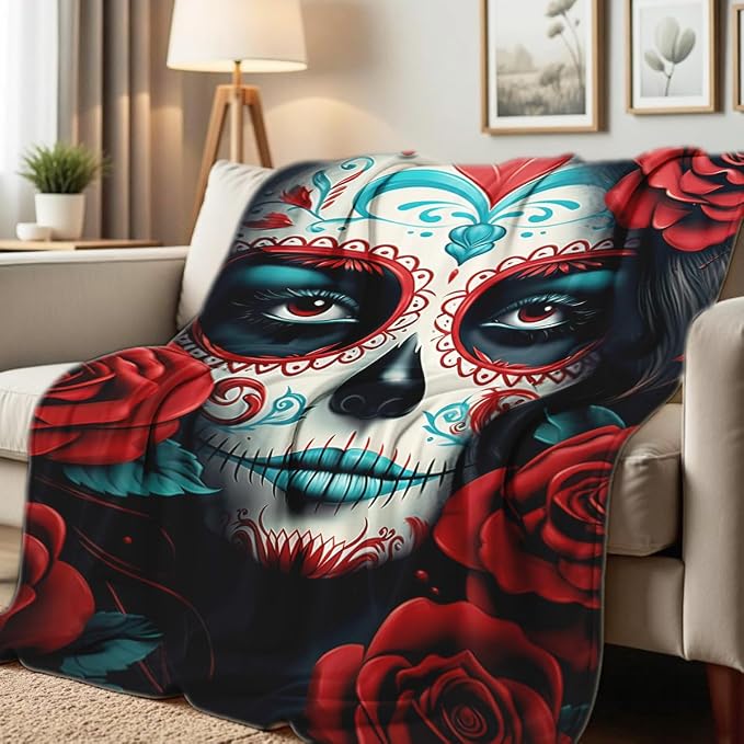 Sugar Skull Girl and Flower Blanket Throw Gothic Print Blanket Gifts Flannel Bedding Bed Couch Home Halloween Decor (49"x59") - skull blanket