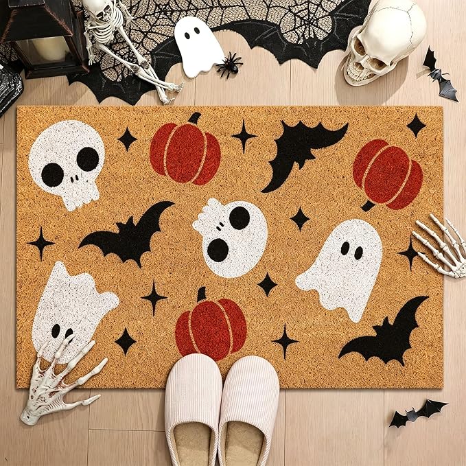 JarThenaAMCS Halloween Natural Coir Doormat Ghost Skull Pumpkin Bat Welcome Floor Mat Non-Slip Entrance Door Rug for Indoor Outdoor Home Bathroom Decor, 16.5 x 29 Inch - skull toilet mat