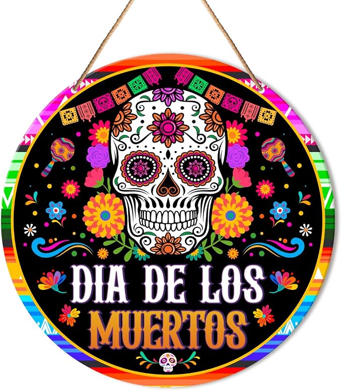 Day of The Dead Wall Decor Sign, Mexican Skull Round Hanging Sign Dia De Los Muertos Decorations for Home, Front Door, Patio, Porch