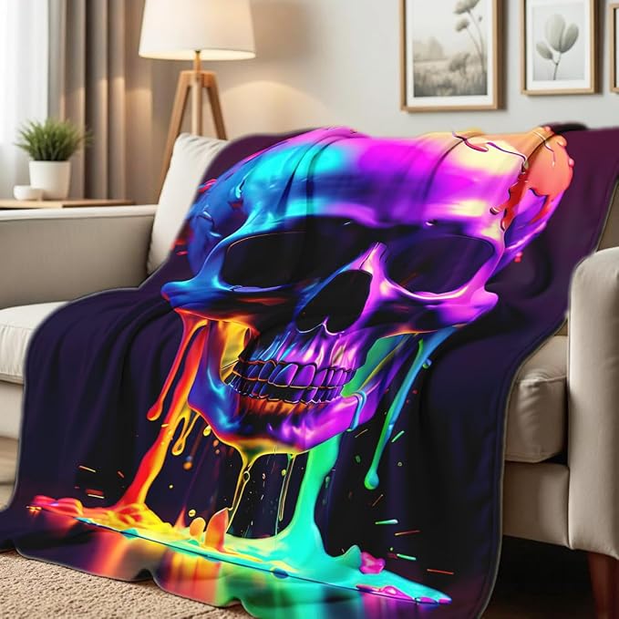 Skull Blanket Throw Skeleton Flannel Blanket Gothic Print Throw Gifts for Kids Girls Boys Adults Women Men Halloween Decor Queen Size Bed Couch (49"x59") - skull blanket