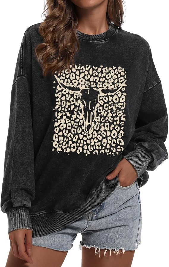 Western Cow Skull Sweatshirts For Women Oversized Graphic Sweatshirt Vintage Crewneck Sweat Shirts Cowgirl Boho Tops - skull sweatshirts
