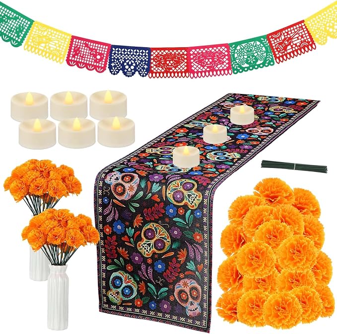 Fanfanwin 46 Pcs Day of The Dead Dia De Los Muertos Decor, Orange, Mexican - skull candle