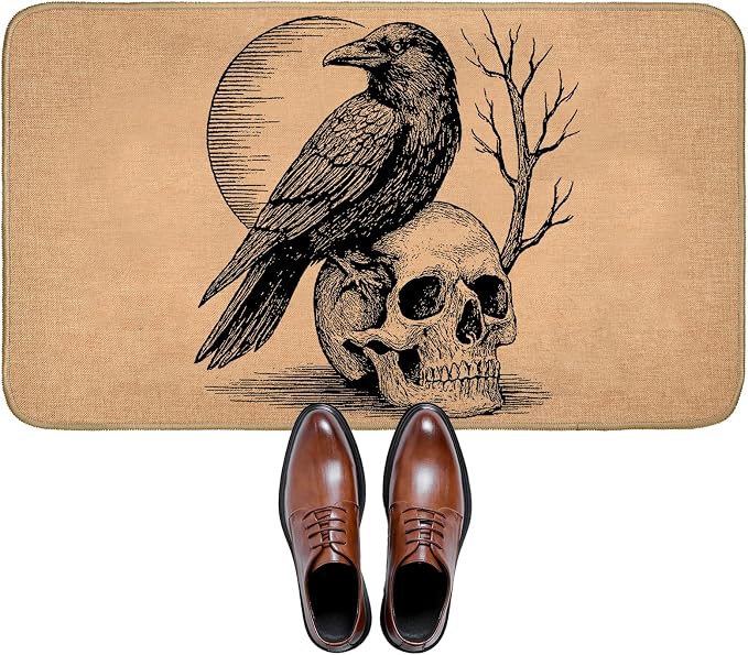 Gothic Raven Skull Welcome Door Mat for Outdoor Indoor Porch, 29.5"×17" Vintage Halloween Crow Linen Doormat Floor Mat, Moon & Tree Non-Slip Rug for Front Door, Kitchen, Bathroom, Decor, Gifts - skull floor mat