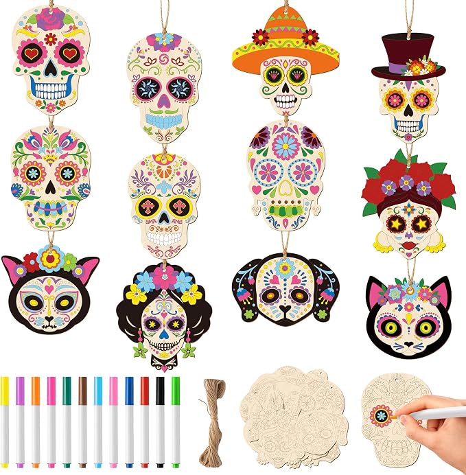 TICIAGA 60Pcs Day of The Dead Wooden Skull Cutout with Coloring Pen and Rope Craft Kit for Kids, DIY Unfinished Sugar Skull Ornaments Hanging Decor for Mexican Fiesta Festival Halloween Party Supplies - sugar skull ornament
