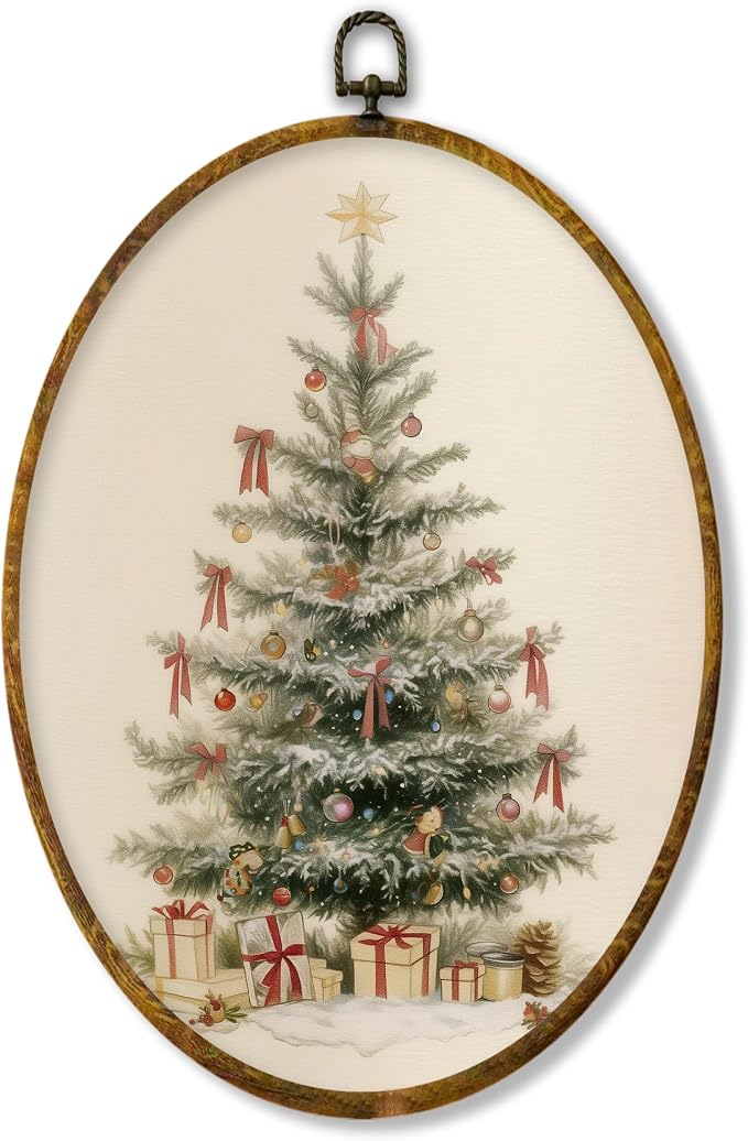 XPH Vintage Christmas Tree Oval Wall Art Framed, Rustic Winter Xmas Tree Oval Wall Decor, Farmhouse Christmas Cozy Winter Hanging Canvas Prints for Home Bedroom Living Room Decoration, 8.6x11.4 Inch - skull wall art