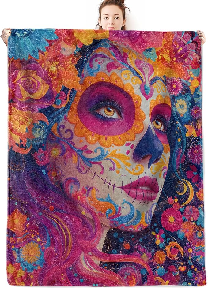 Sugar Skull Flannel Blanket Gifts for Gothic Lover,60x50inch,Day of The Dead Throw Blankets with Vibrant Floral and Skeleton,for Bedroom,Sofa,Living Room,Camping Halloween Home Decor Throws - sugar skull costume