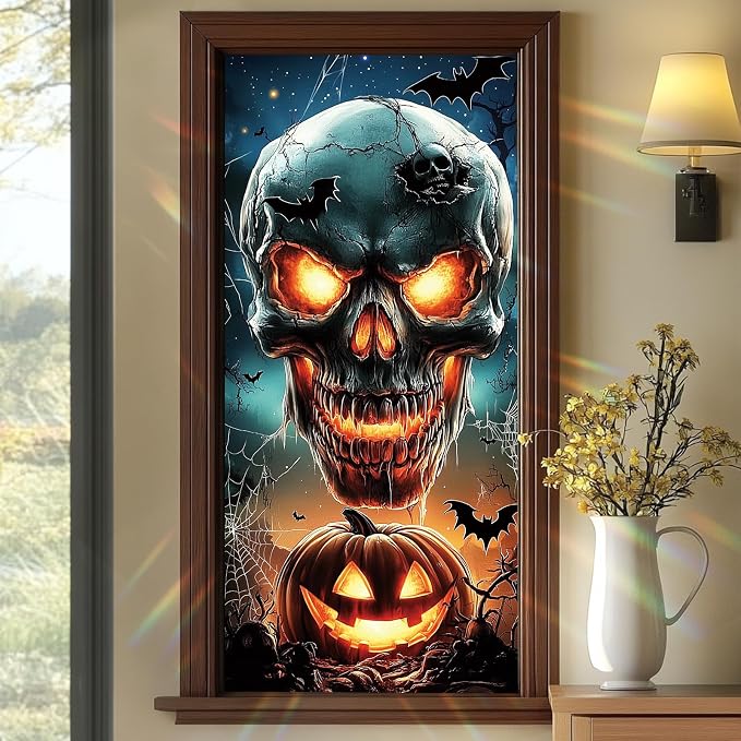 Halloween Skull Window Film 17.71×39.97 Inch Glowing Skeleton Face Static Cling Glass Sticker with Jack O Lantern Bats and Webs for Halloween Decorations Haunted House Glass Door Decor