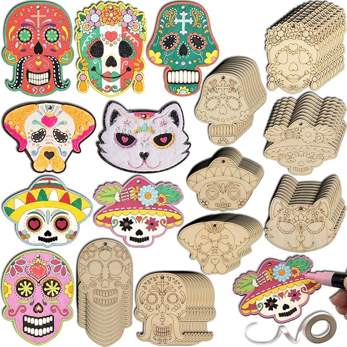 72 Sets Day of The Dead Sugar Skull Crafts Unfinished Wooden Dia De Los Muertos Skull Ornaments Coloring Make Your Own Mexican Fiesta Blank Cutout Hanging Slices Tree Decorations - sugar skull ornament