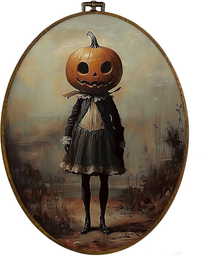 dvhdajed Vintage Halloween Pumpkin Oval Wall Art Decor, Witchy Western Pumpkin Head Framed Canvas Art, Gothic Whimsical Moody Oval Wall Hanging Decor for Gallery Bedroom Living Room, 8.7x11.3 Inch - skull wall art