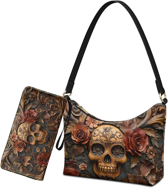 Lotusorchid Handbag Set with Wrist Strap Wallet for Women, PU Leather Shoulder Bag Wallet Set for Daily Use - sugar skull handbags for sale