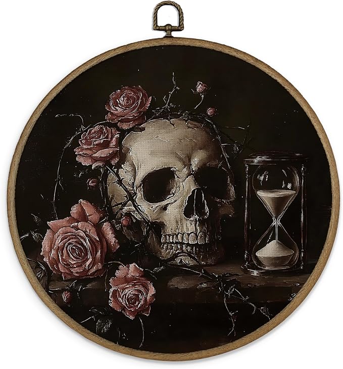 Gnmduw Dark Gothic Skull Floral Wall Art Framed, Dark Academia Skeleton Halloween Round Hanging Wall Decor, Vintage Witchy Floral Canvas Prints Art for Bathroom Bedroom Living Room, 10×10 In