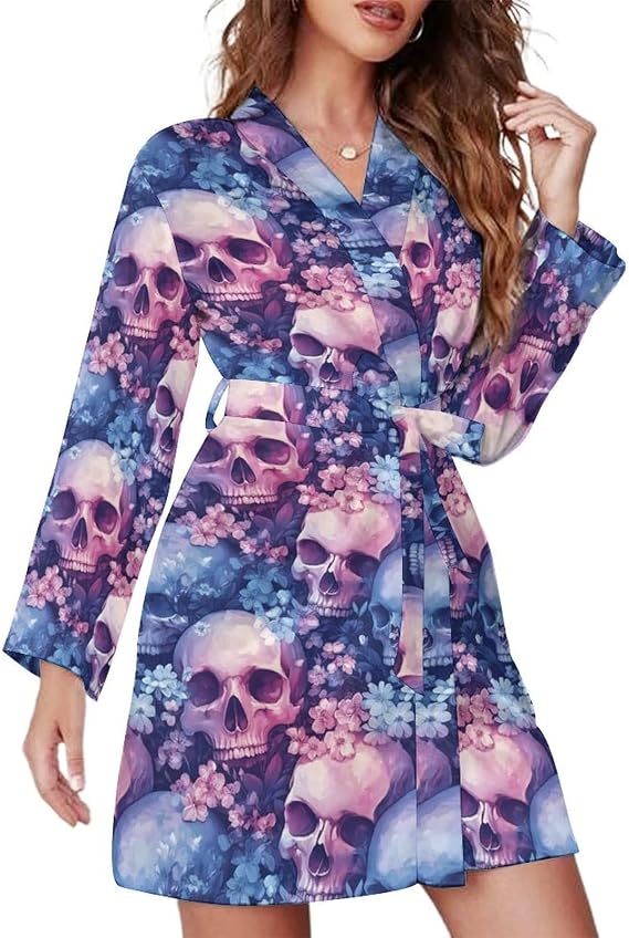 Short Nightgowns for Women Kimono Robes - Romantic Flower Skull Print Ladies Long Sleeve House Coat Sleepwear - skull pajamas