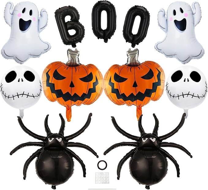 Happy Halloween Balloon Decoration, 11 Pcs Foil Balloons With Black BOO, White Ghost, Round Skull, Black Spider, Smile Pumpkin Balloons for Halloween Party Decorations Spooky Birthday Decoration - skull inflatable
