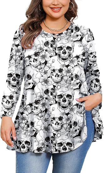 Womens Tunic Tops Plus Size 3/4 Sleeve Swing Flowy Blouses - sugar skull dress