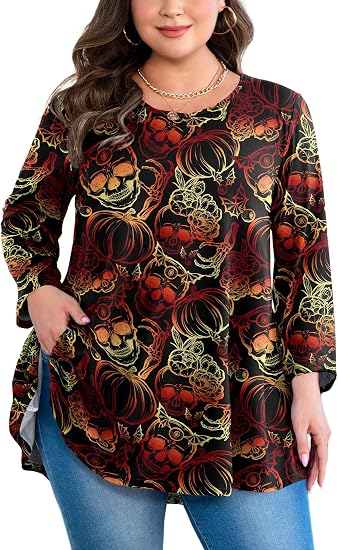 Plus Size Tops Womens Swing Tunic 3/4 Sleeve Flowy Long Blouses - skull leggings