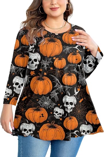 Womens Tunic Tops Plus Size 3/4 Sleeve Swing Flowy Blouses - skull leggings