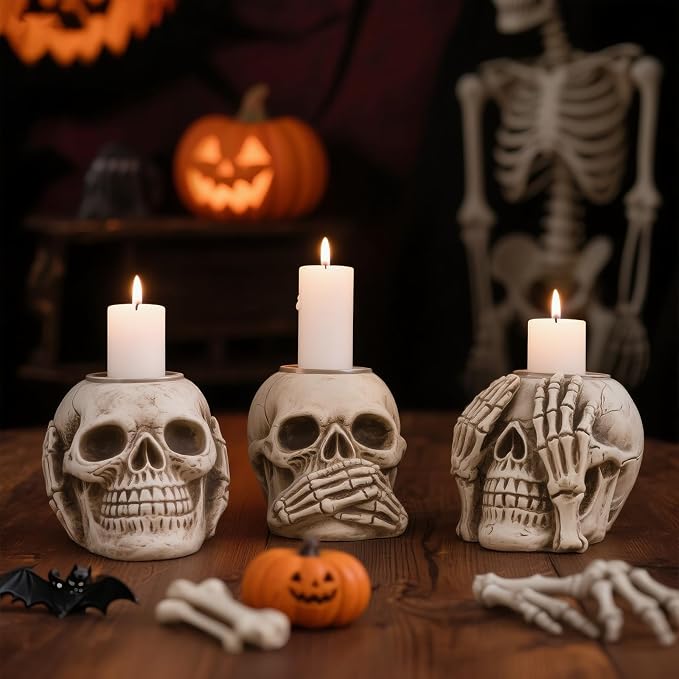 Halloween Skull Candle Holder, Skeleton Head Candlestick Holders, Set of 3 - skull candle