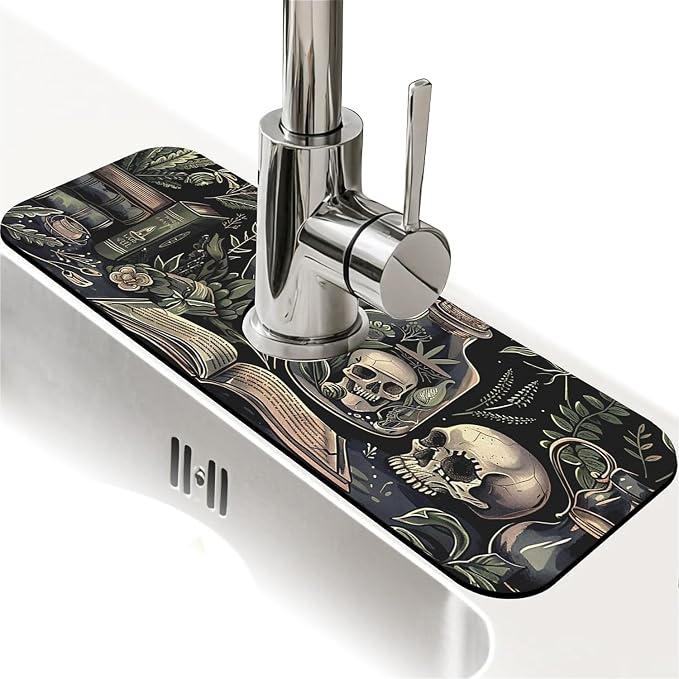 Kitchen Sink Splash Guard，Books and skulls Faucet Mat Sink Gadgets-Super Absorbent Fast Drying Mat Drip Catcher for Kitchen, Bathroom,Sink Mat, Dish Drying Mat, Bathroom(15" X 5.5" ) - skull toilet mat